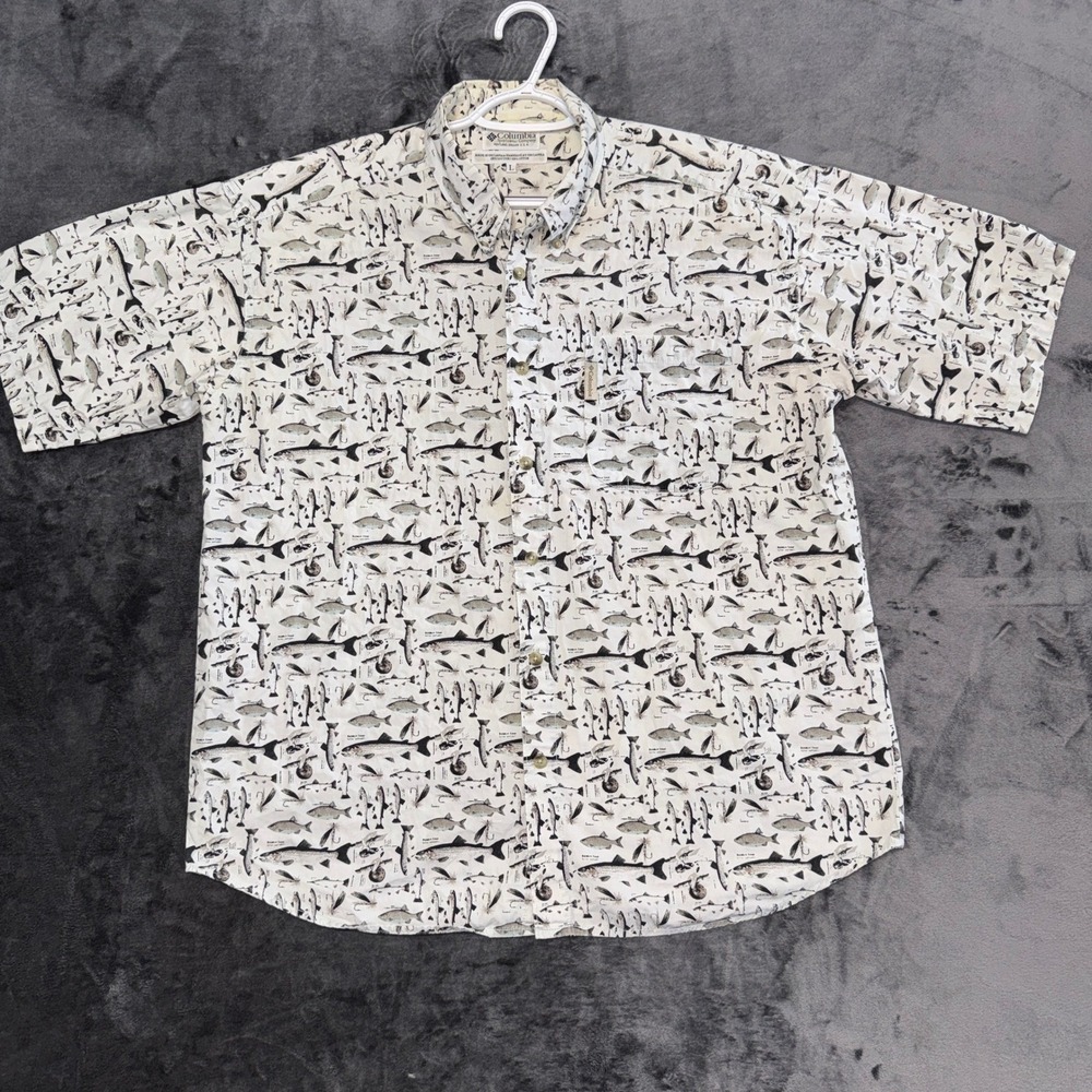 Columbia Mens Large Cotton Fish Print‎ Shirt Rainbow Trout Fly Fishing